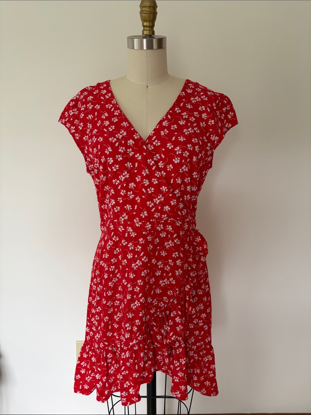 Red Floral Wrap Dress with Ruffle Hem